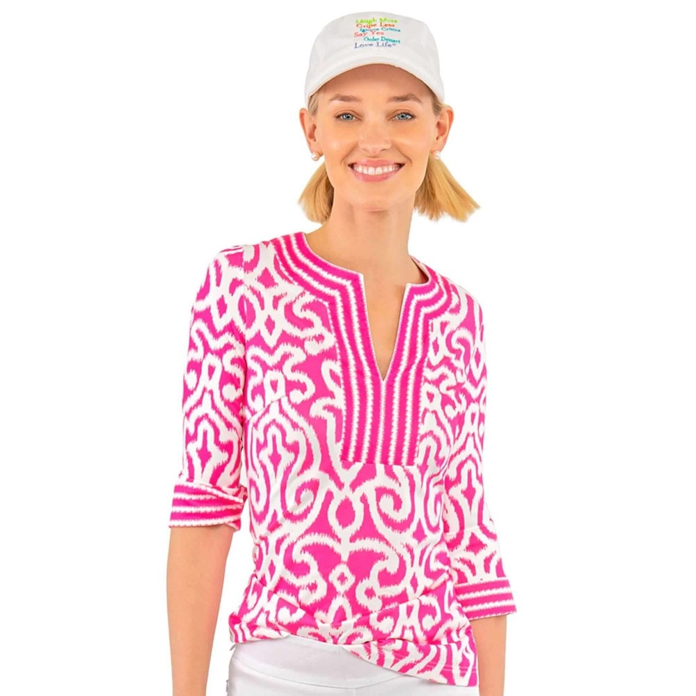 Gretchen Scott Pink White Ikat Damask Tunic Top 3/4 Sleeve Split Neck Small